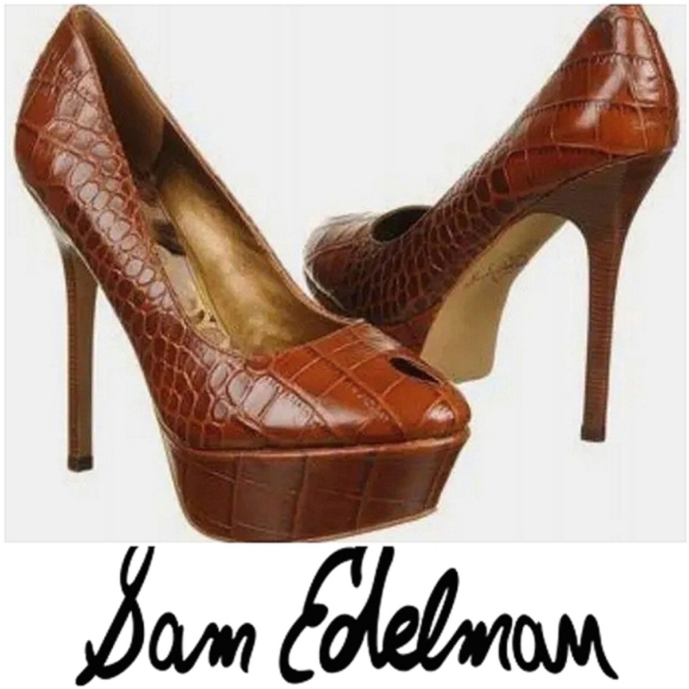 Sam Edelman Brown Croc-Embossed Platform Heels